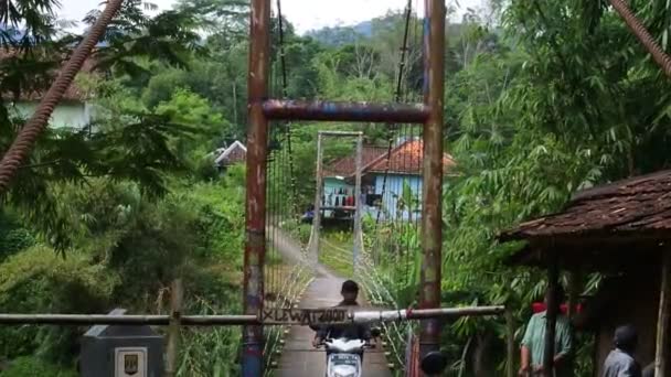 Suspension Bridge River Motorcycle Crossing Morning Sukabumi West Java Indonesia — Video Stock