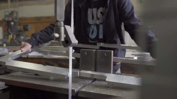 Machine Shop Worker Cutting Aluminum Bandsaw Manufacturing Industry — Video