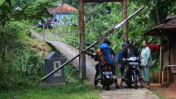 Suspension Bridge River Motorcycle Crossing Morning Sukabumi West Java Indonesia — Video