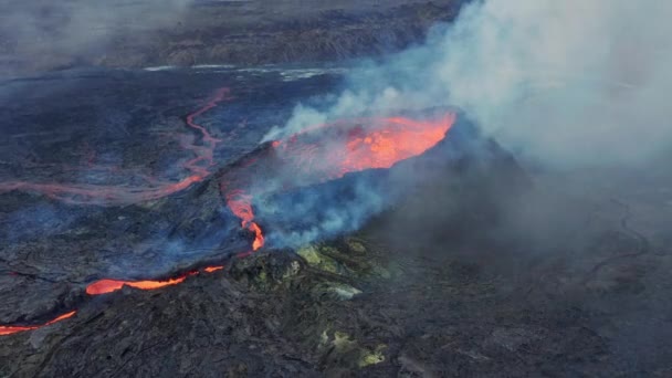 Aerial View Smoke Lava Stream Coming Out Fagradalsfjall Volcano Iceland — Video