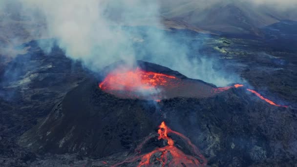 Aerial View Smoke Molten Lava Streams Coming Out Fagradalsfjall Volcano — 图库视频影像