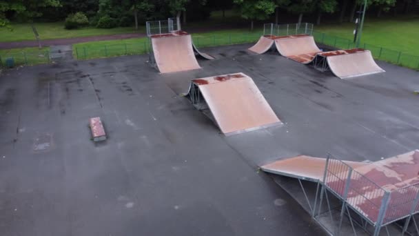 Aerial View Flying Fenced Skate Scooter Park Ramp Empty Closed — Video Stock