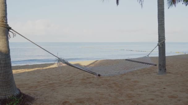 泰国成布里 一个摇晃的吊床悬挂在两棵椰树之间 俯瞰着美丽的海滩 — 图库视频影像