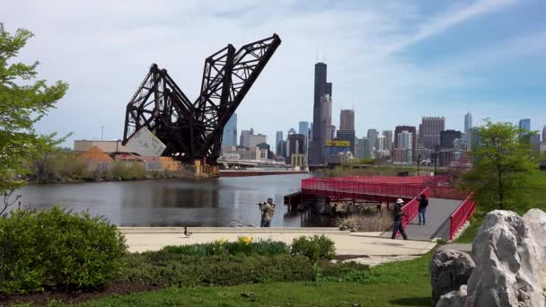 Male Photographers Taking Pictures City Skyline Park — 图库视频影像