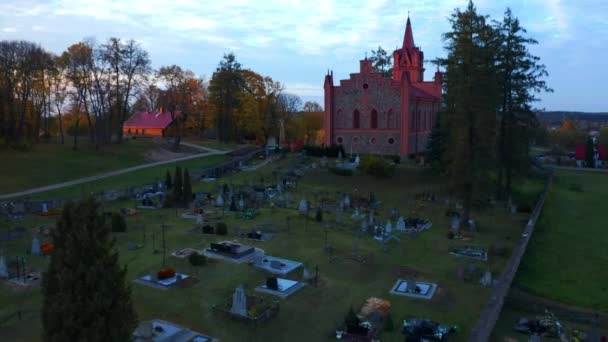 Aerial Flight Anne Church Dukstos Lithuania Sunset — Stock Video