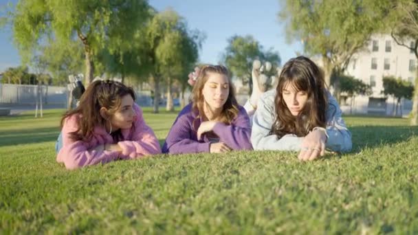 Three Teenage Girls Lie Green Grass Sunshine Chat Frontal — Video Stock