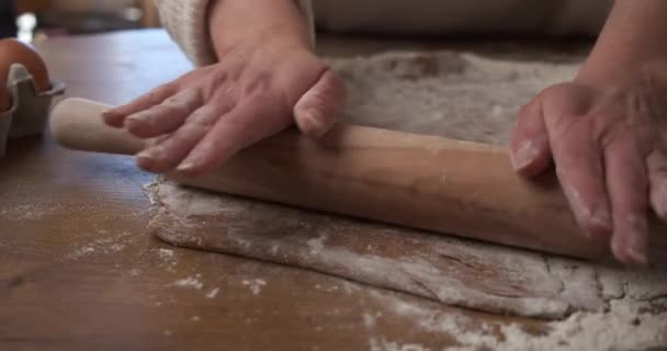 Hands Using Rolling Pin Roll Out Cookie Dough Close Gimbal — 图库视频影像
