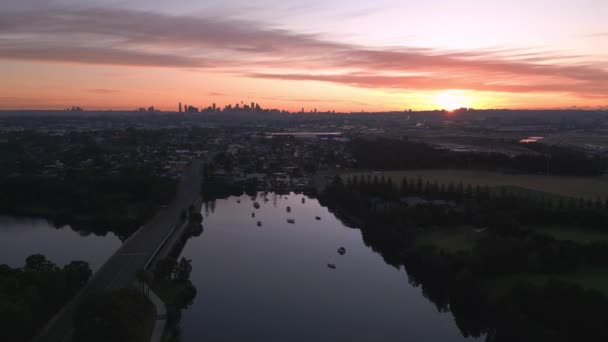 Aerial View Skyline Suburb Sydney Cityscape Silhouette Sunrise Drone Flying — Stockvideo