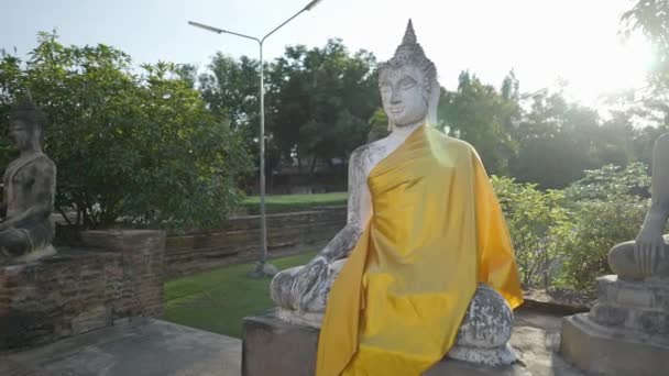 Row Buddha Statues Draped Yellow Sun Wat Yai Chai Mongkhon — Video Stock