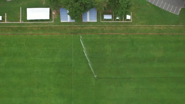 High Angle Aerial View Large Green Field Active Water Sprinkler — Wideo stockowe