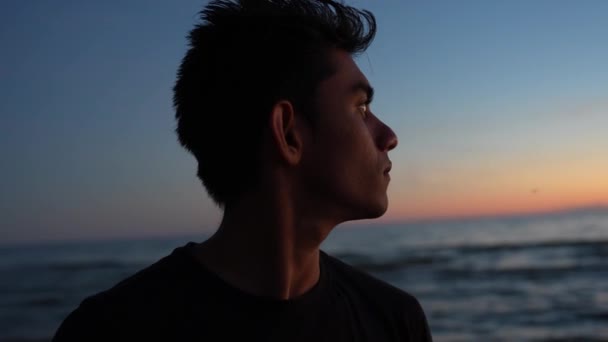 Young Man Accomplished Life Goals Looking Sea Evening — Video Stock