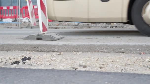 Bus Driving Road Works Signs Low Angle View — Stockvideo