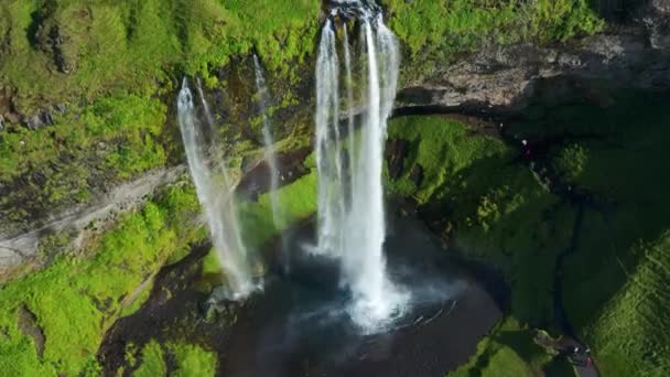 Top View Seljalandsfoss Waterfall South Iceland Sunny Day Aerial — Video