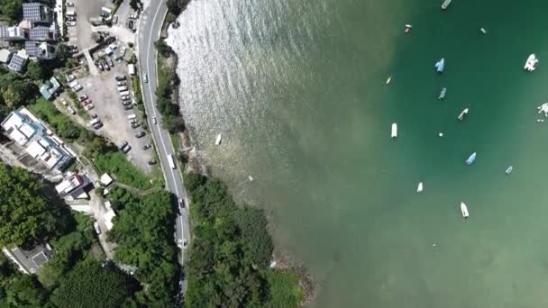 Traffic Road Sai Kung Hong Kong Nearby Bay Boats Drone — Vídeos de Stock