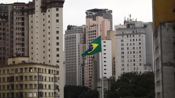 Sao Paulo Brazil Brazilian Flag Waving Amongst Buildings Downtown Cityscape — Wideo stockowe