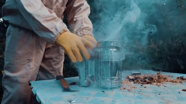 Beekeeper Using Bee Smoker — Stockvideo