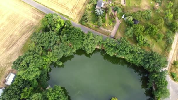 畑の真ん中に小さな湖 豪華な空中ビューフライトは 2022年夏 ヨーロッパの田舎の村Hainichenのドローン映像を傾けます 4Kフィリップ マルニッツ 上からの映画 — ストック動画