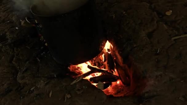 Cozinhar Panela Fogo Livre Noite — Vídeo de Stock