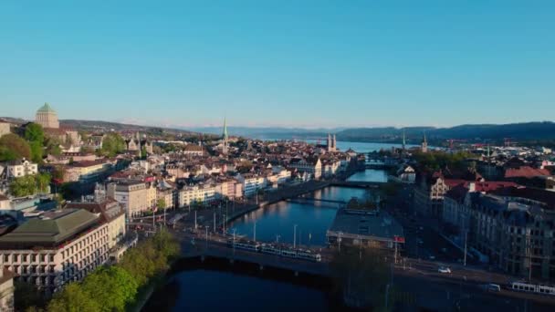 Цюрих Швейцария Вид Воздуха Реку Лиммат Озеро Цюрих — стоковое видео