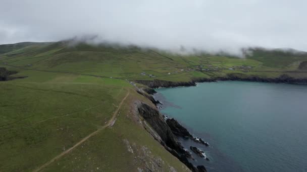 Low Dramatic Clouds Dunmore Head Dingle Peninsula Ireland Drone Aerial — Stok video