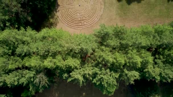 Christian Labyrinth Meditation Forest Garden Oasis Aerial Drone View — Vídeo de stock