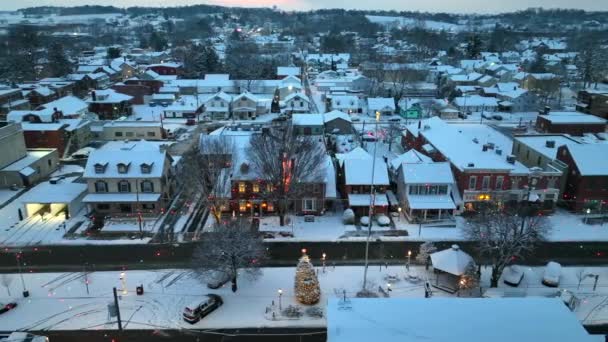 Cinematic Christmas Snow Scene Town Usa Lights Night Snowstorm Aerial — Video