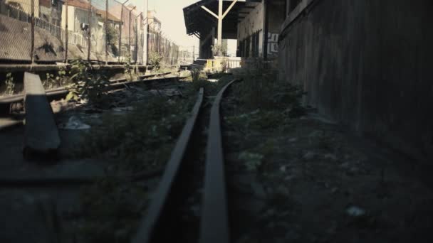 Abandoned Railway Old Warehouse Background Truck Camera Movement — Stok video