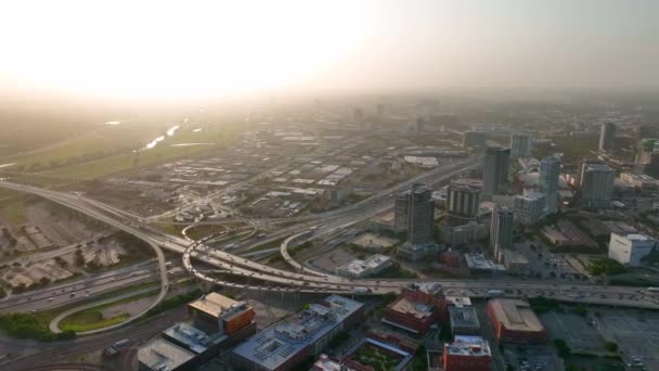 High Aerial Orbit Downtown Urban City Dramatic Sunset Traffic Freeways — Vídeos de Stock