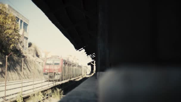 Old Railway Warehouse Revealed Truck Camera Movement Train Passing Low — Vídeos de Stock