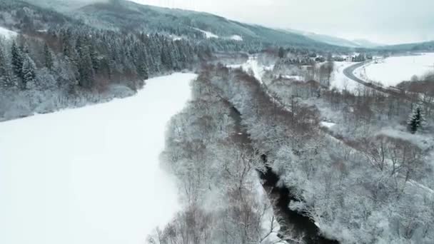 Aerial Drone View Snowscape Countryside Mountain River Road Winter — Stockvideo