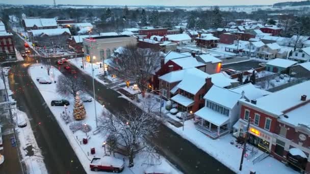 Downtown City Decorated Christmas Holiday Lights Winter Snow Beautiful Scene — Stock video