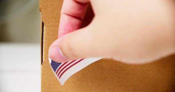 Hands Applying Made Usa Flag Label Shipping Cardboard Box Products — Vídeo de Stock