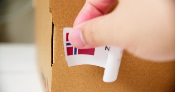 Hands Applying Made Norway Flag Label Shipping Cardboard Box Products — Vídeos de Stock