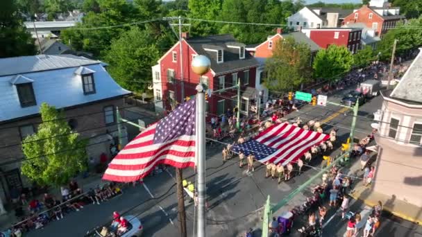 Parade Small Town Boy Scouts America Carry Usa Flag Aerial — Stock Video