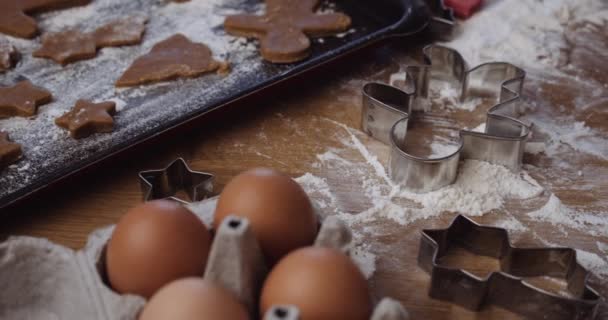 Slow Motion Messy Kitchen Table Showing Chef Making Cookies Dough — Vídeo de Stock