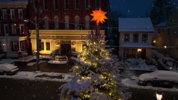 Christmas Tree Covered Snow Snowflakes Night Small Town America Holiday — Stockvideo