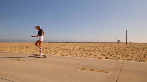 Female Skateboarder Dancing Rolling Skateboard Skatepark Wide Slow Motion — Stockvideo