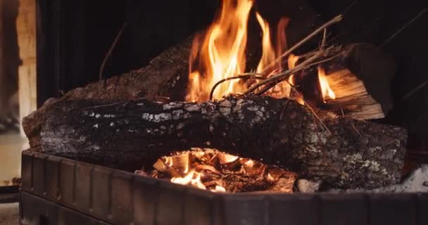 Slow Motion Smokeless Fireplace House Showing Flames Sparks Burning Logs — Stockvideo