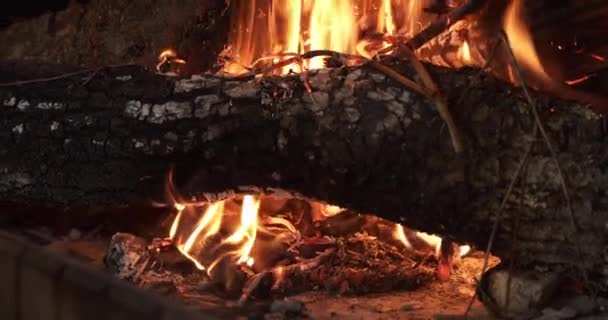 Burning Logs Wood Fireplace House Showing Flames Sparks Close — Wideo stockowe