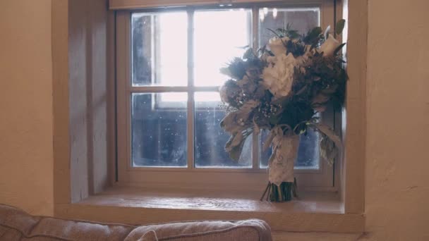 Wedding Has Ended Bridal Flowers Stand Window Sill Dramatic Slow — Wideo stockowe