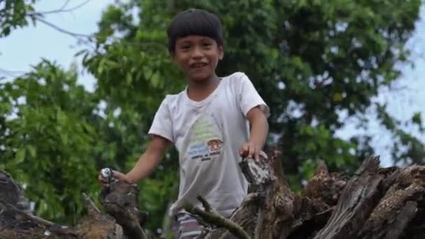 Two Little Brazilian Boys Looking Camera Smiling Talking — Stock Video