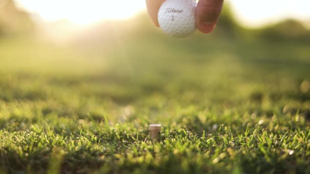 Titleist Golf Ball Teed Grassy Driving Range Close Hand — Vídeo de Stock