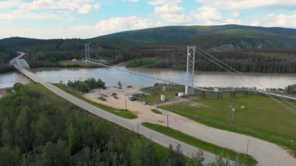 Drone Video Trans Alaska Pipeline Suspension Bridge Tanana River Big — Stock video