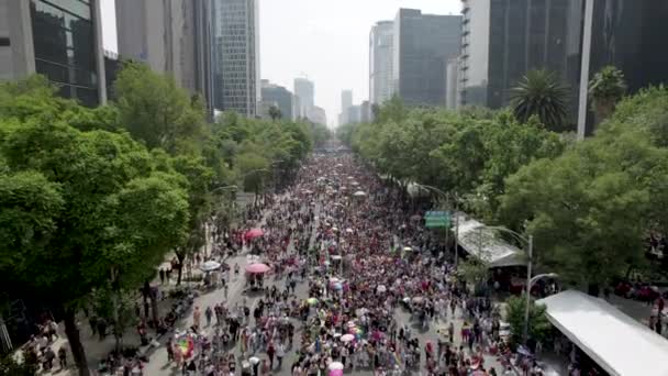 Backwards Drone Shot Pride Parade June Mexico City — Stockvideo