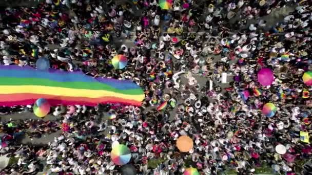 Cenital Drone Shot Crowd Waving Gay Pride Flag Pride Parade — Stockvideo