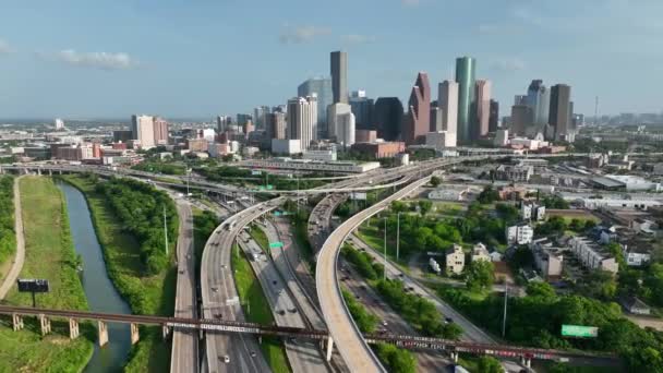 Houston Texas Skyline Dans Comté Harris Aérienne Autoroute Avec Des — Video