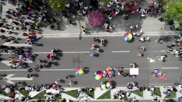 Aerial Drone Shot Many People Waving Pride Flag Pride Parade — Stockvideo