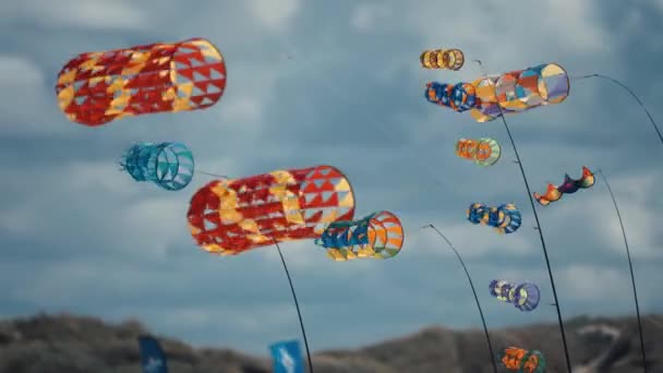 Close Shot Parafoil Kites Floating Air Romo Kite Festival Pan — 图库视频影像