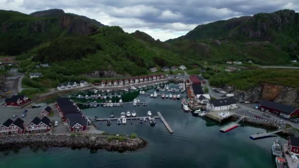 Forwarding Aerial Shot Tonnes Harbor Dramatic Sky Summer Northern Scandinavia — Stok video