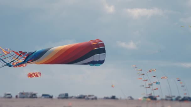 Kite Festival Island Denmark Slow Motion Pan Left Burning Man — Stockvideo